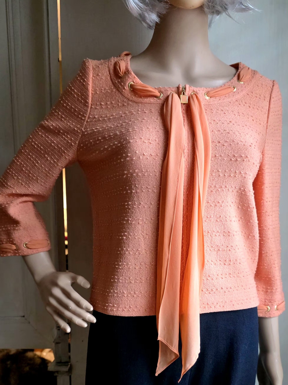 St John Collection Size 2 Peach Coral Knit Jacket Scarf Trim Gold Grommets